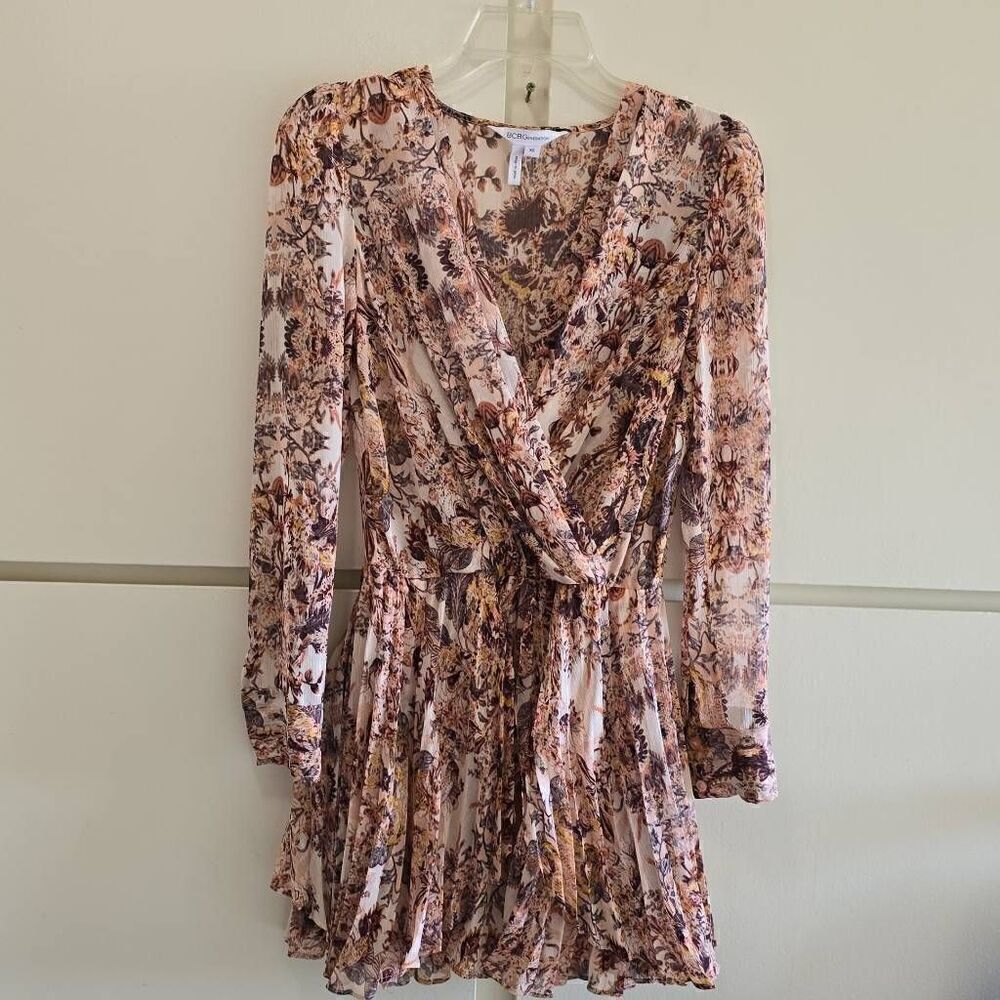 BCBGeneration, floral coral faux wrap layered mini dress, long sleeve with butto